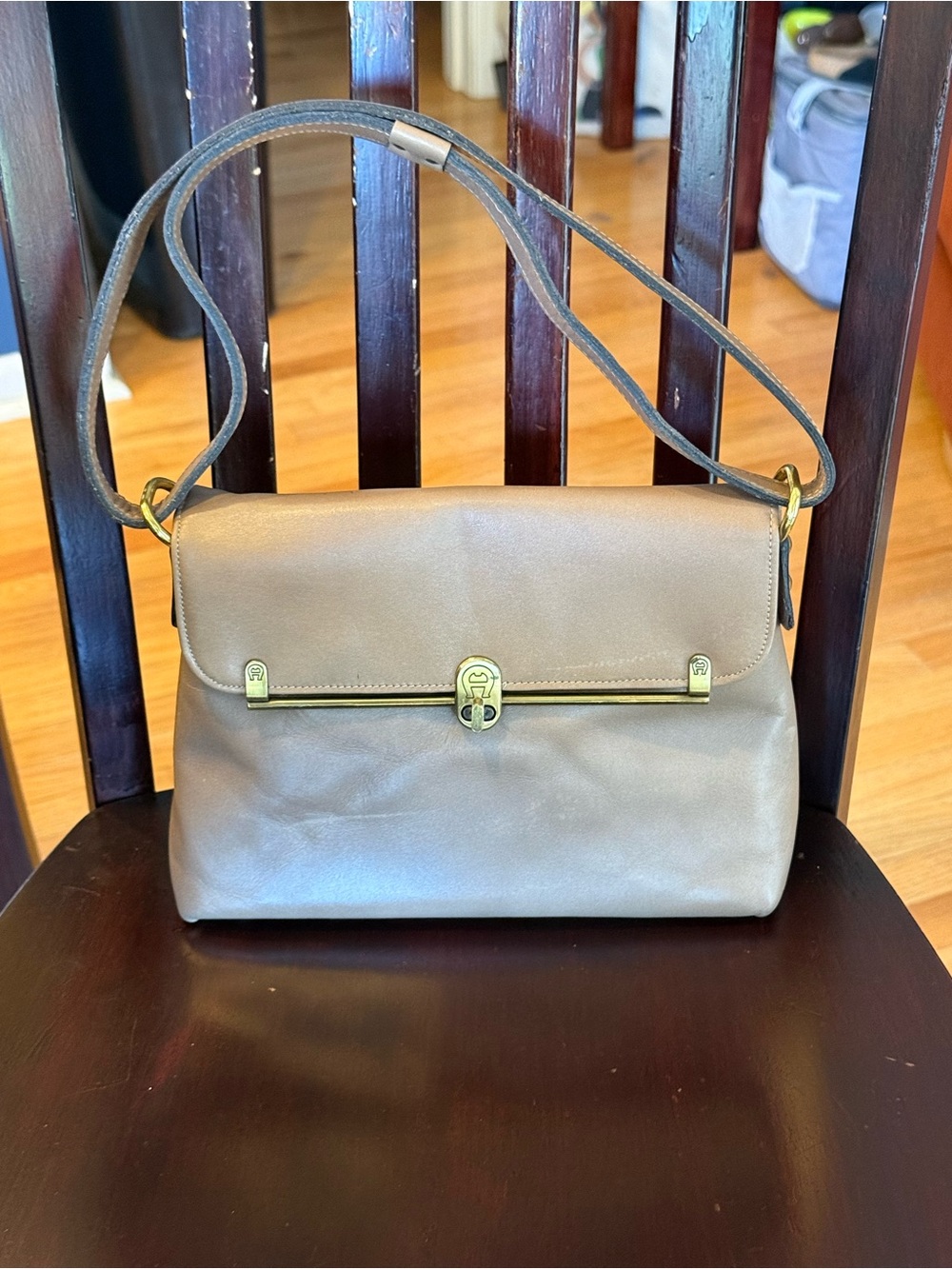 Vintage Deadstock Etienne Aigner  Classic Taupe Shoulder Bag with Brass Accent